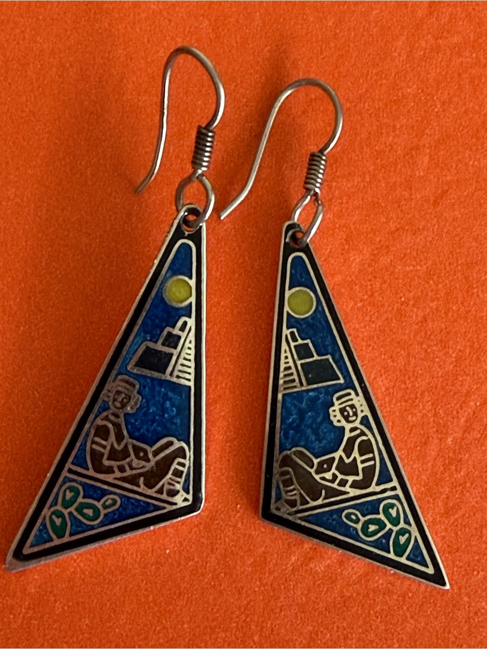 Blue Enamel Geometric Sterling silver Mexico  Drop Earrings Vintage